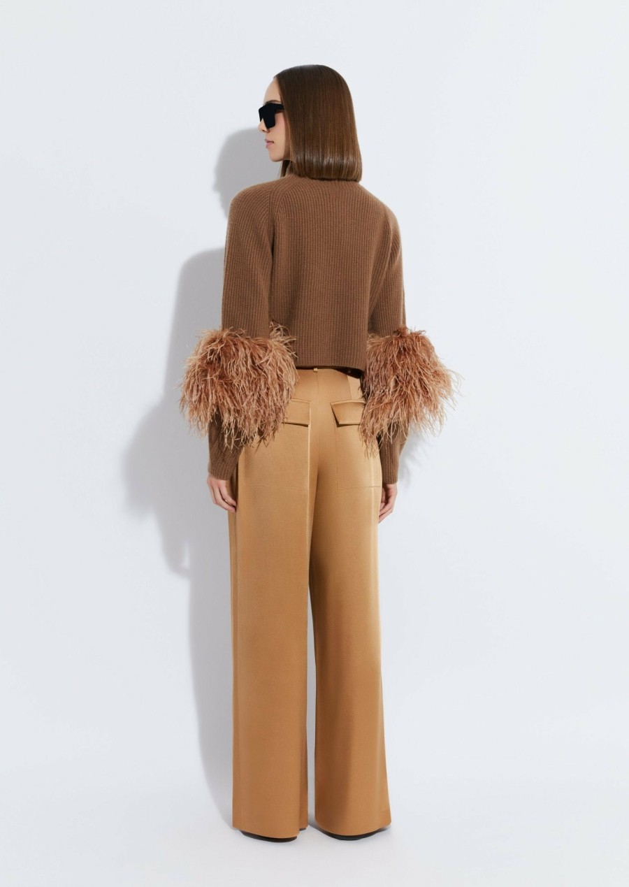 Knitwear|Feathers|Tops LAPOINTE | Cashmere Silk Cropped Raglan Sweater With Feathers Camel