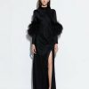 Feathers|Dresses LAPOINTE | Satin Bias Feather Tab Gown With Slit Black