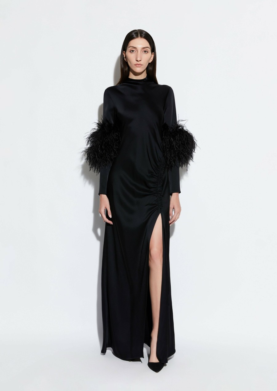 Feathers|Dresses LAPOINTE | Satin Bias Feather Tab Gown With Slit Black