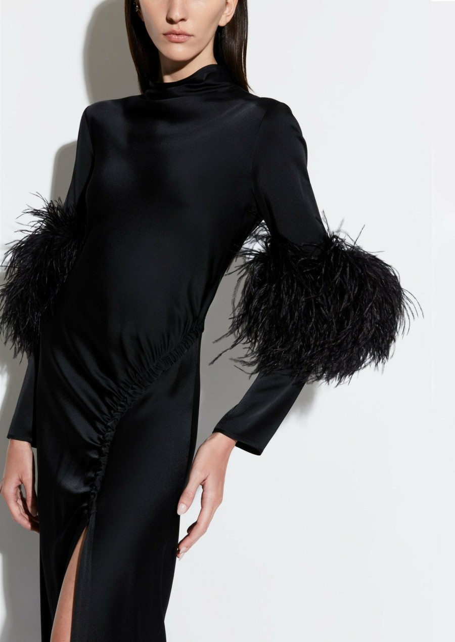 Feathers|Dresses LAPOINTE | Satin Bias Feather Tab Gown With Slit Black