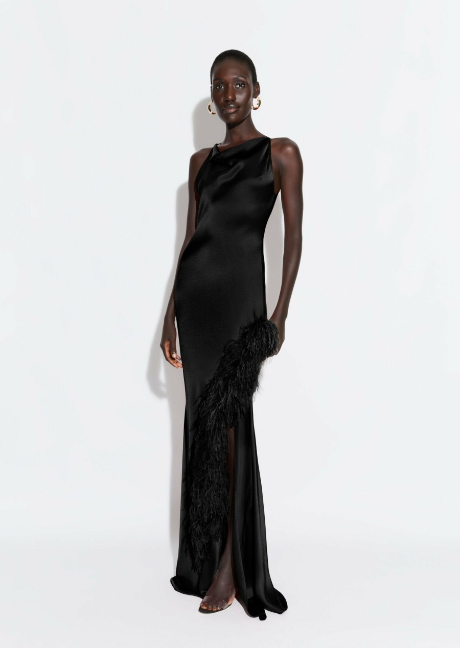 Feathers|Dresses LAPOINTE | Satin Halter Gown With Feathers Black