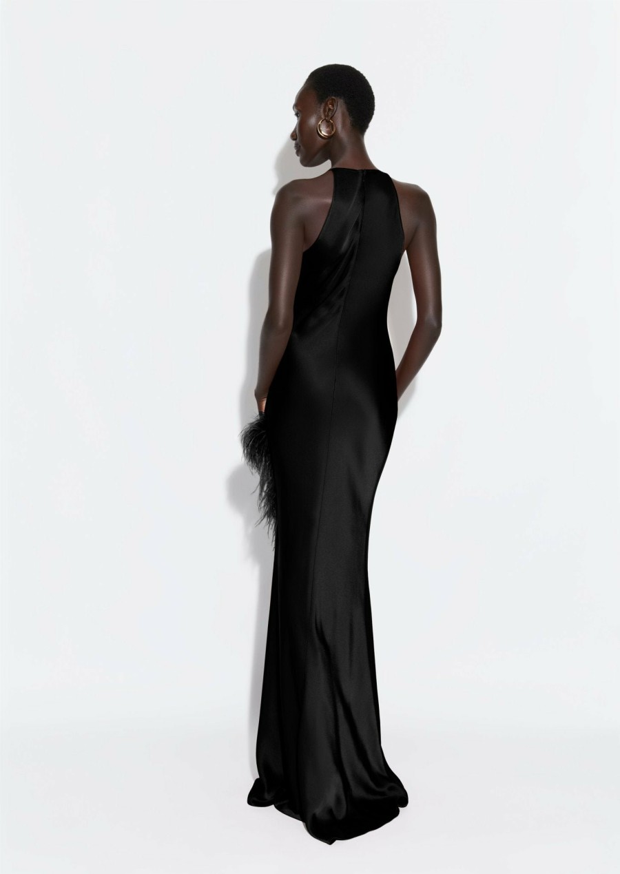 Feathers|Dresses LAPOINTE | Satin Halter Gown With Feathers Black