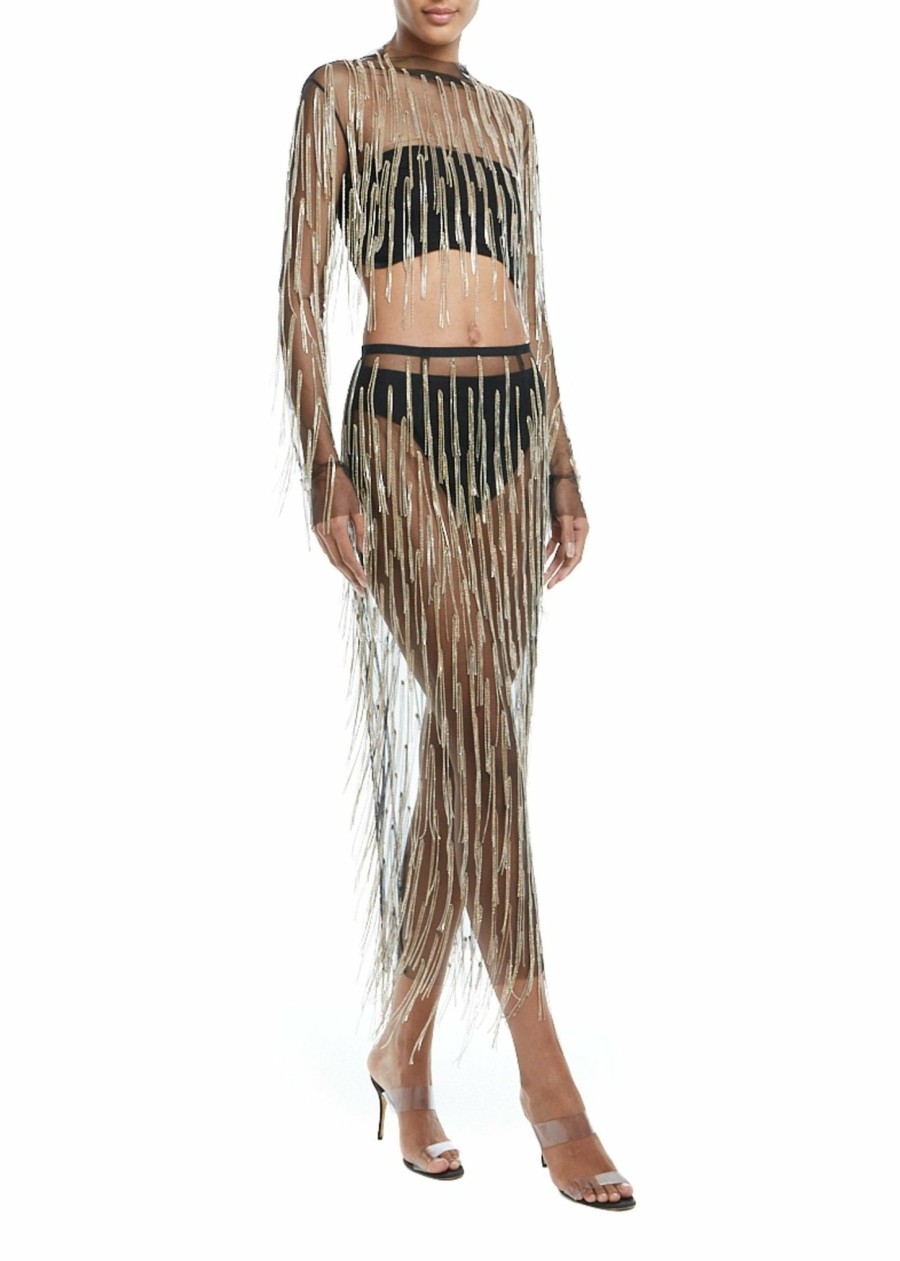 Bottoms LAPOINTE | Mesh Diamond Fringe High Waisted Skirt Black