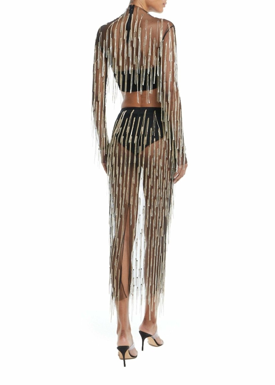 Bottoms LAPOINTE | Mesh Diamond Fringe High Waisted Skirt Black