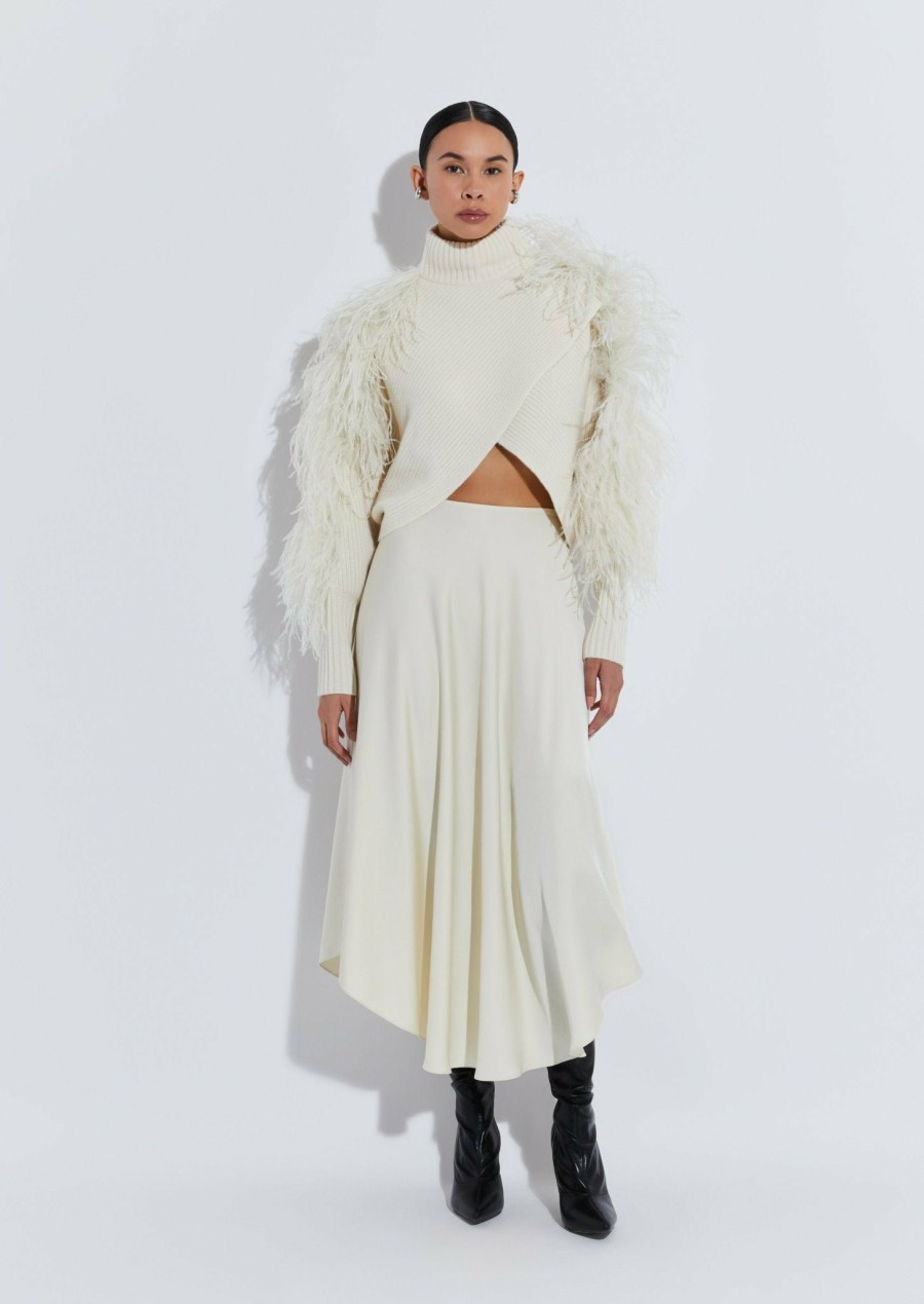 Knitwear|Bridal|Feathers|Tops LAPOINTE | Cashmere Crossover Sweater With Feathers Cream