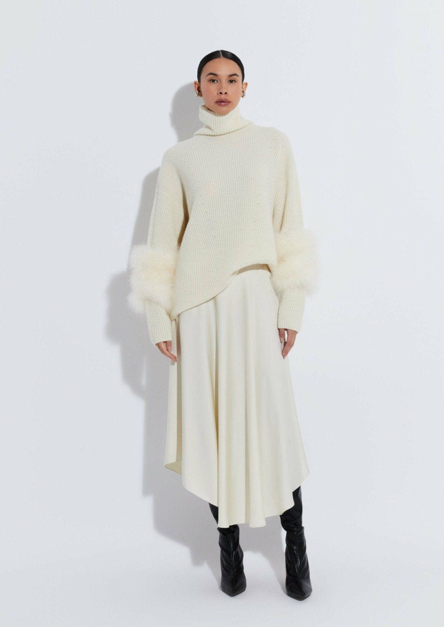 Knitwear|Feathers|Tops LAPOINTE | Airy Cashmere Silk Turtleneck With Marabou Feathers Cream