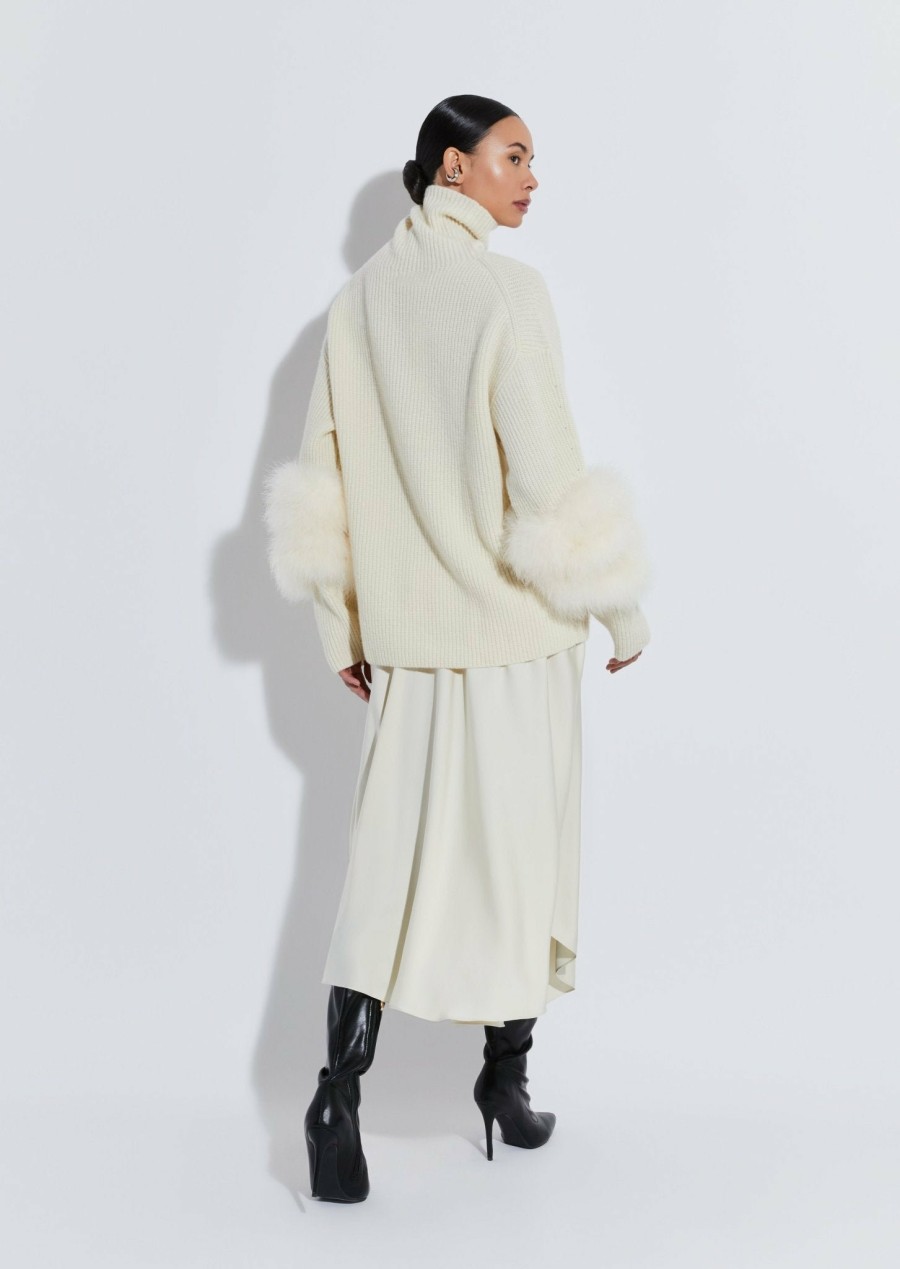 Knitwear|Feathers|Tops LAPOINTE | Airy Cashmere Silk Turtleneck With Marabou Feathers Cream