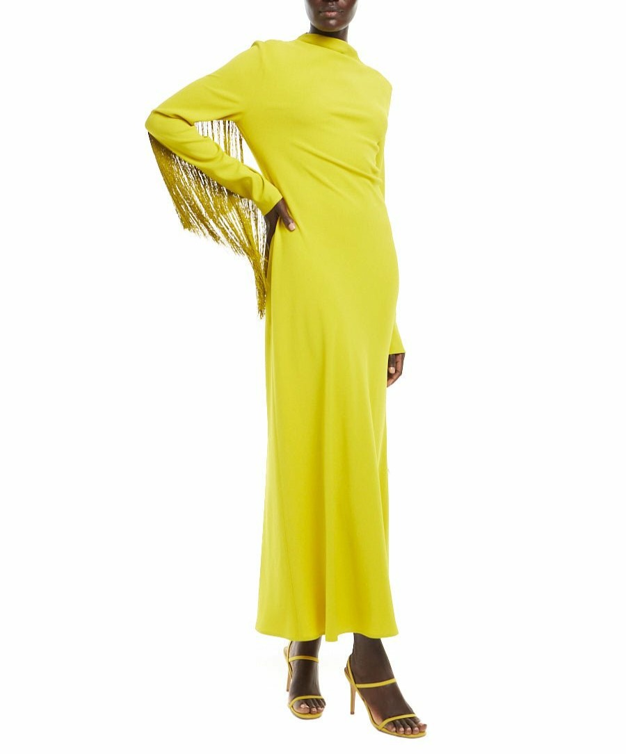 Dresses LAPOINTE | Crepe Fitted Bias Dress With Fringe Chartreuse