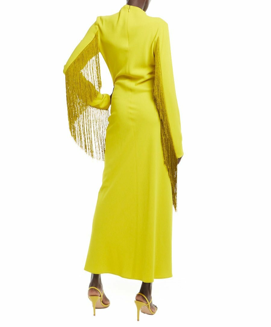 Dresses LAPOINTE | Crepe Fitted Bias Dress With Fringe Chartreuse