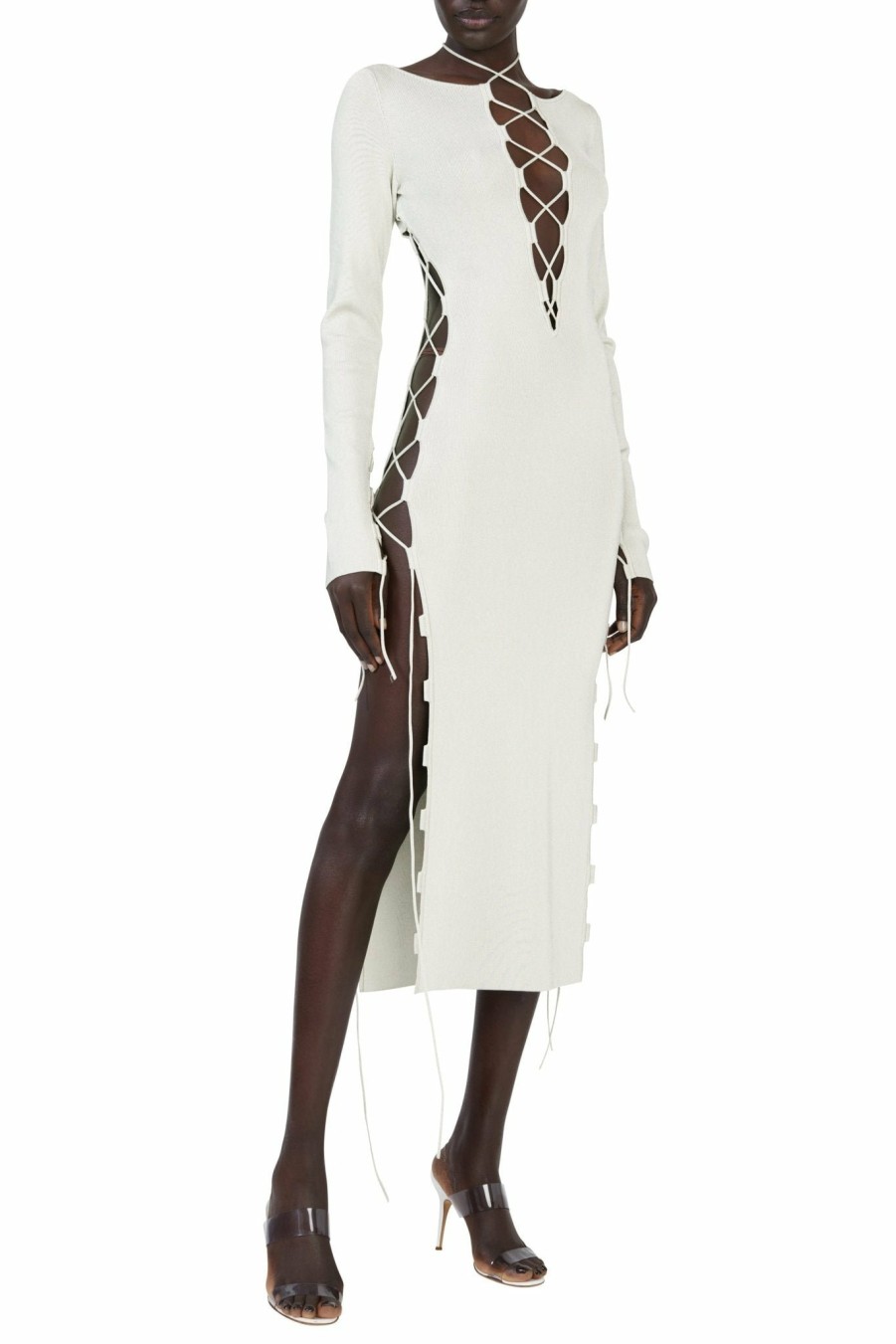 Bridal LAPOINTE | Shiny Viscose Longsleeve Lace Up Dress Cream