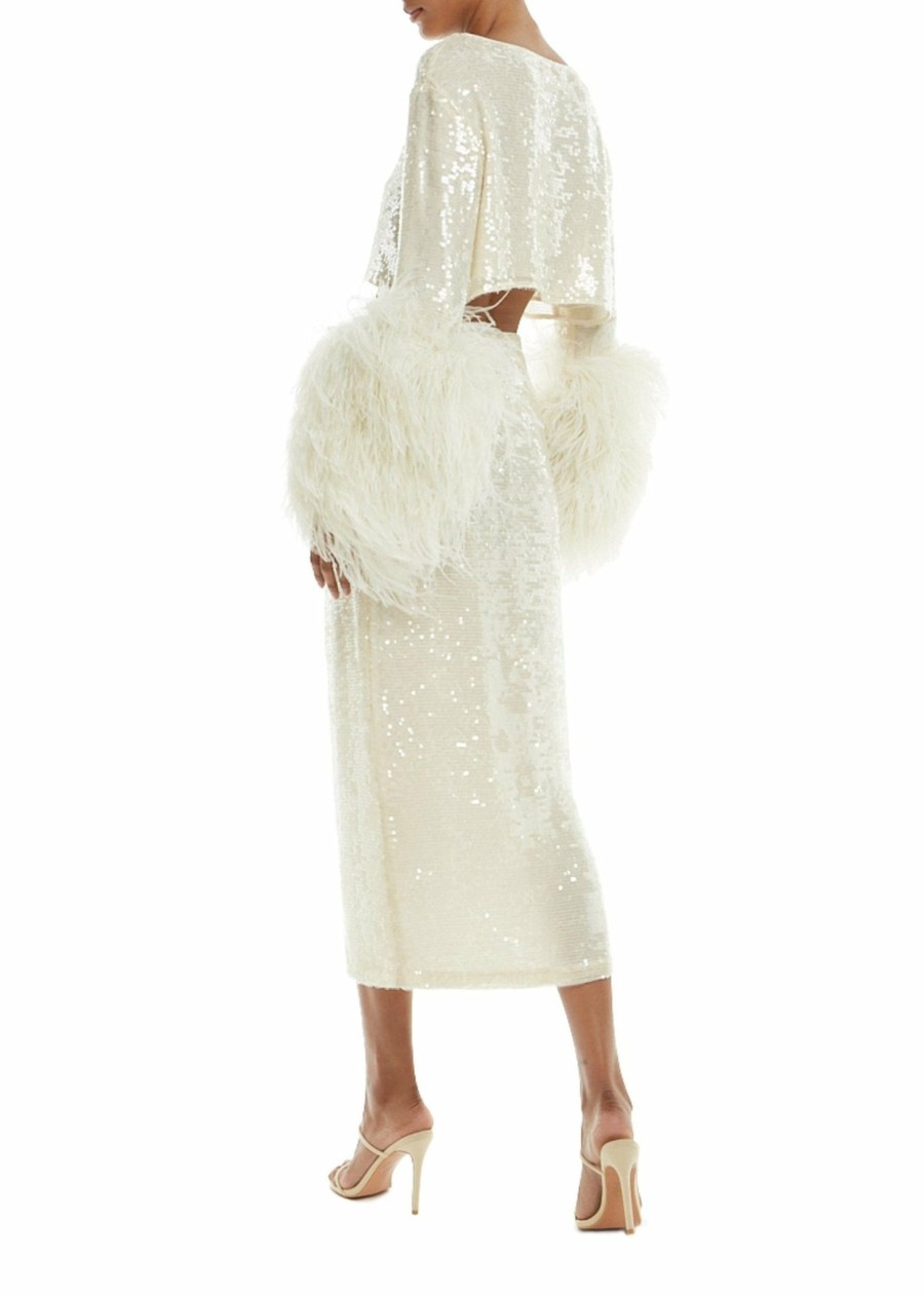 Bridal|Feathers|Tops LAPOINTE | Sequin Cropped Top With Feathers Cream