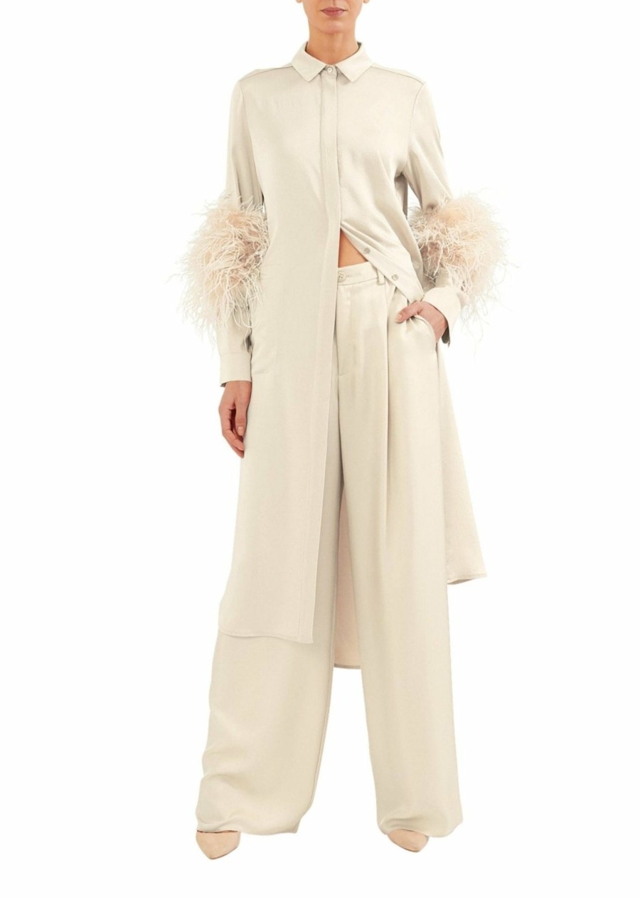 Bridal|Feathers|Dresses LAPOINTE | Satin Button Down Dress With Feathers Cream