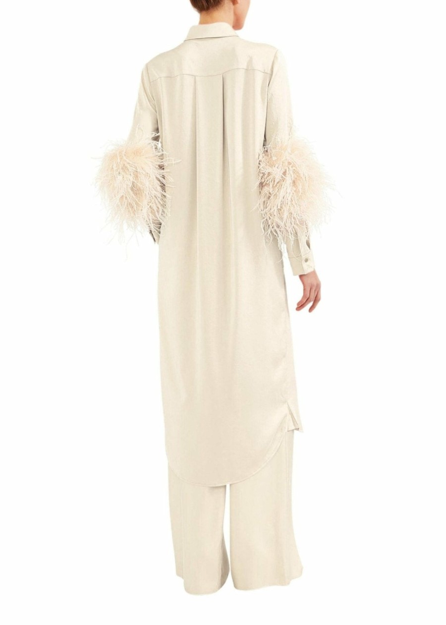 Bridal|Feathers|Dresses LAPOINTE | Satin Button Down Dress With Feathers Cream