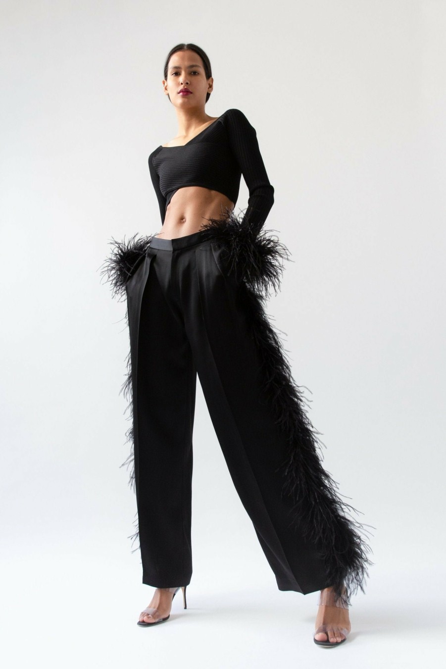 Feathers|Bottoms LAPOINTE | Low Waisted Trouser With Feathers Black