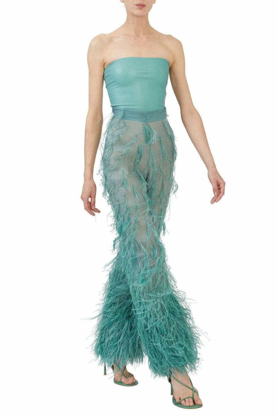 Feathers|Bottoms LAPOINTE | Organza Ombre Feather Embroidery Trouser Sea Green