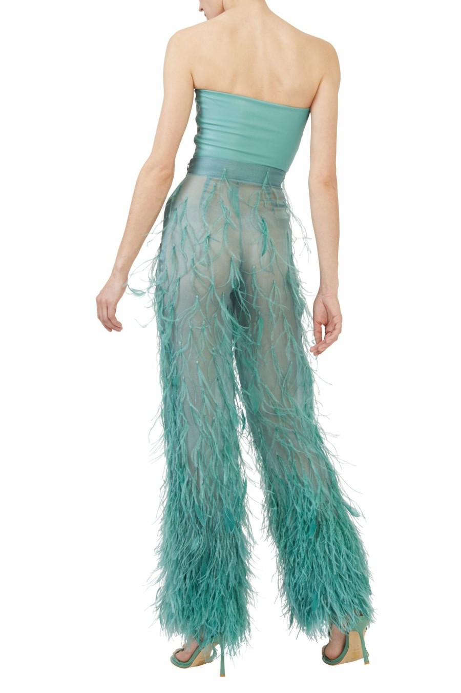 Feathers|Bottoms LAPOINTE | Organza Ombre Feather Embroidery Trouser Sea Green