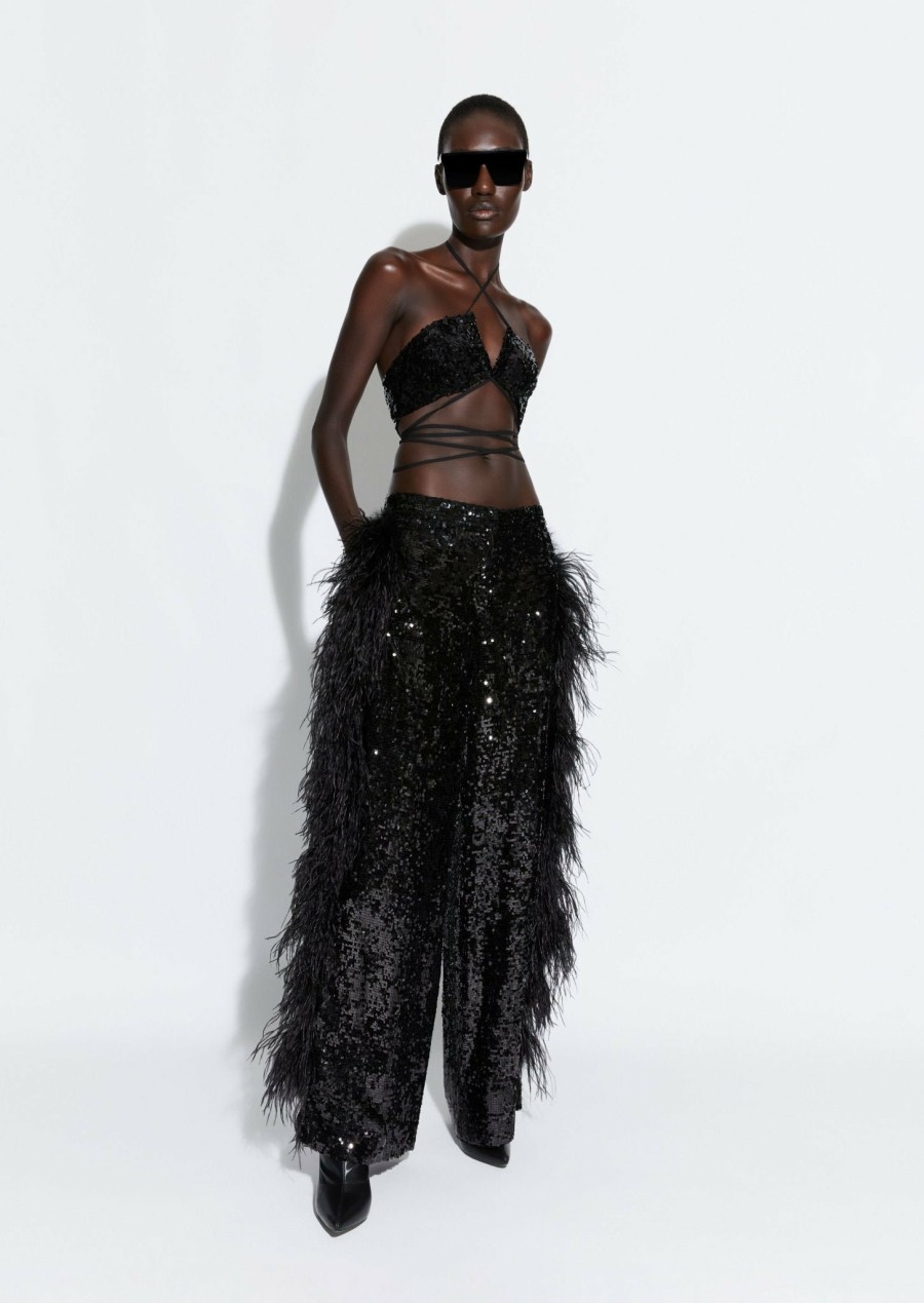 Feathers|Bottoms LAPOINTE | Sequin Relaxed Trouser With Feathers Black