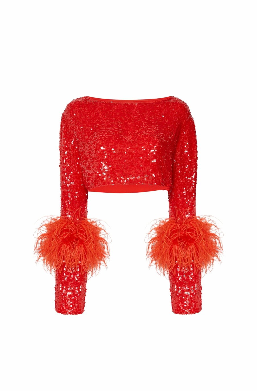 Feathers|Tops LAPOINTE | Sequin Cropped Top With Feathers Poppy