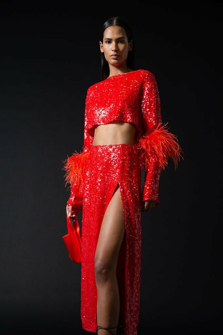 Feathers|Tops LAPOINTE | Sequin Cropped Top With Feathers Poppy