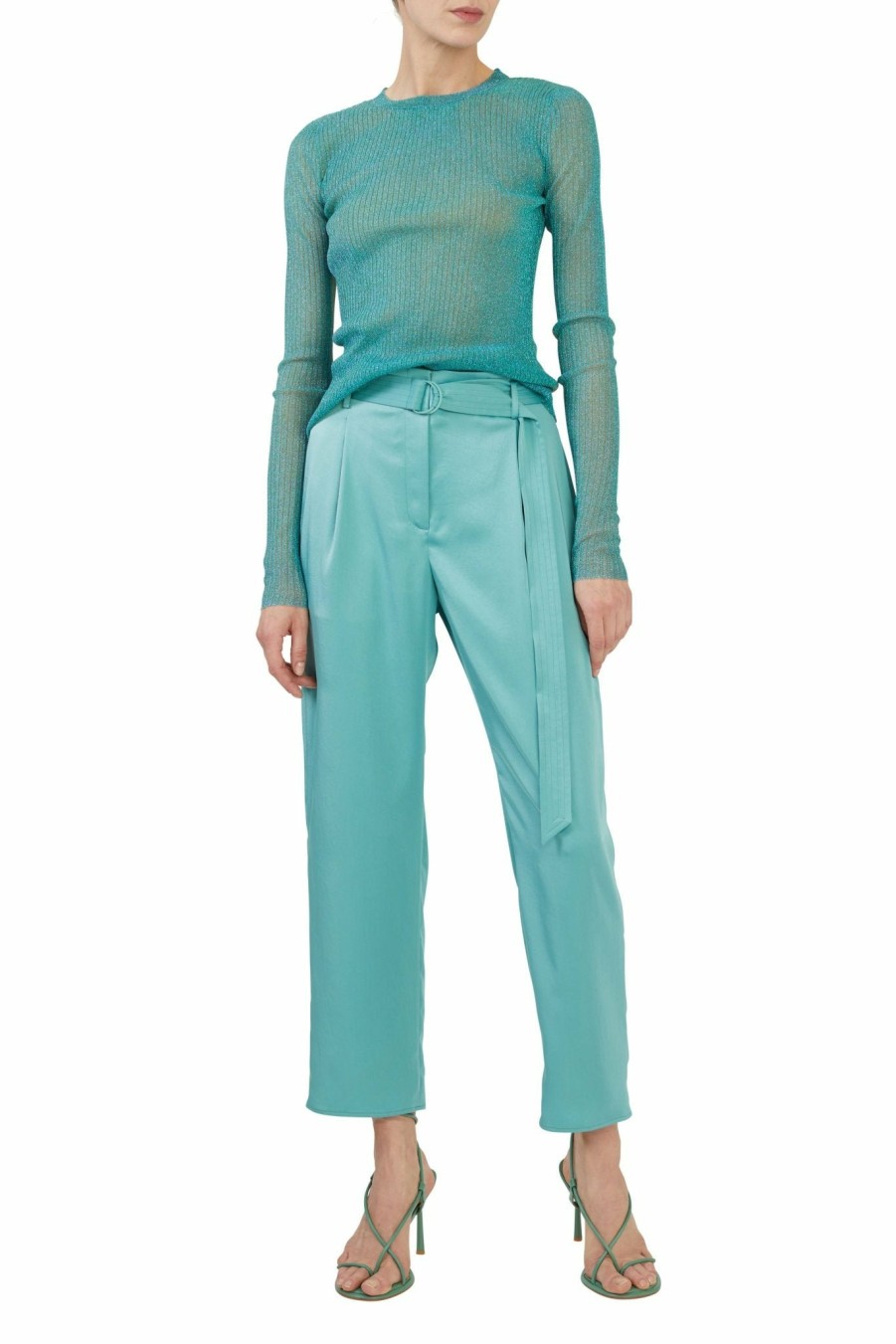 Bottoms LAPOINTE | Satin Belted Cropped Pant Sea Green