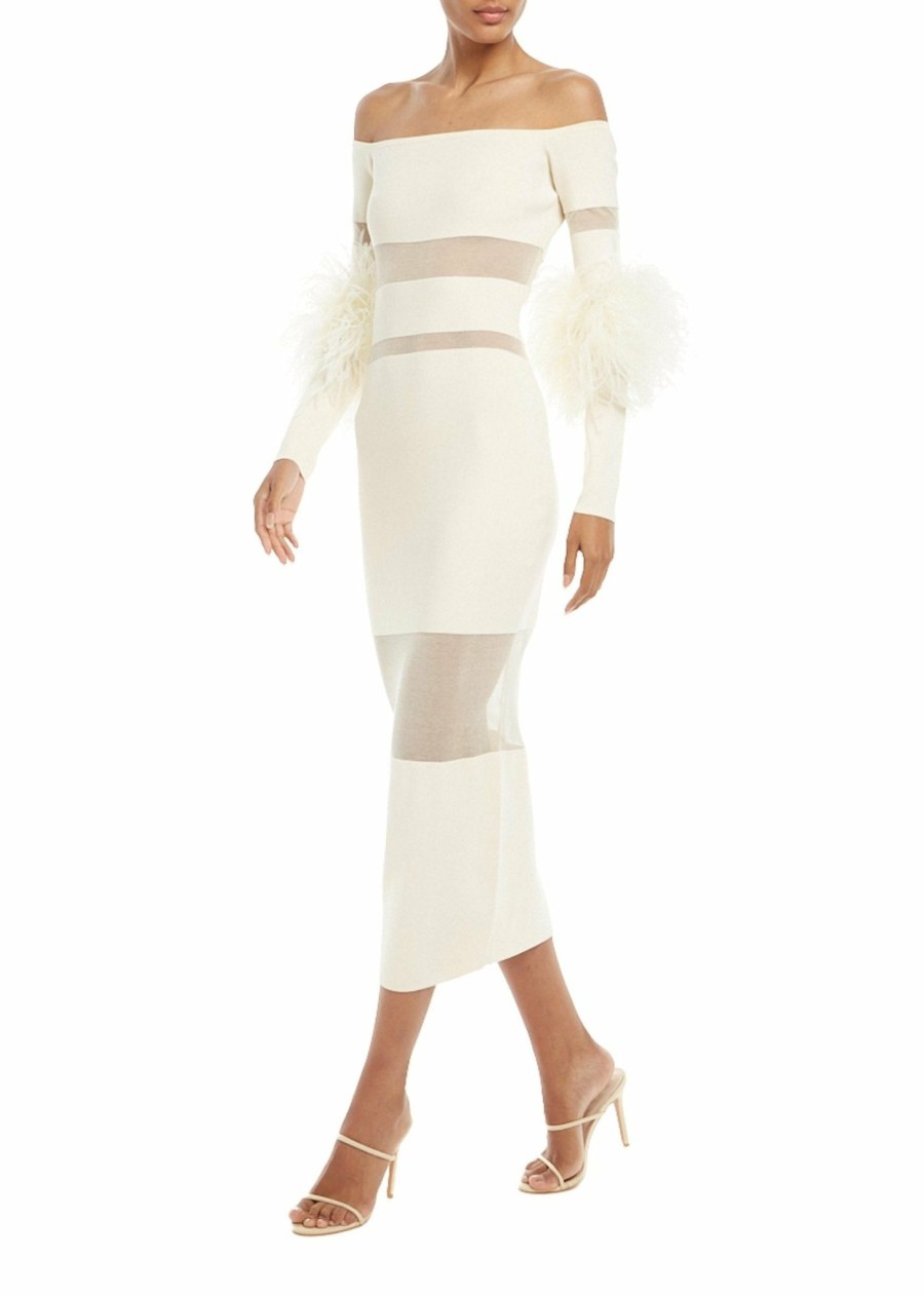 Knitwear|Bridal|Feathers|Dresses LAPOINTE | Cotton Viscose Intarsia Feather Dress Cream