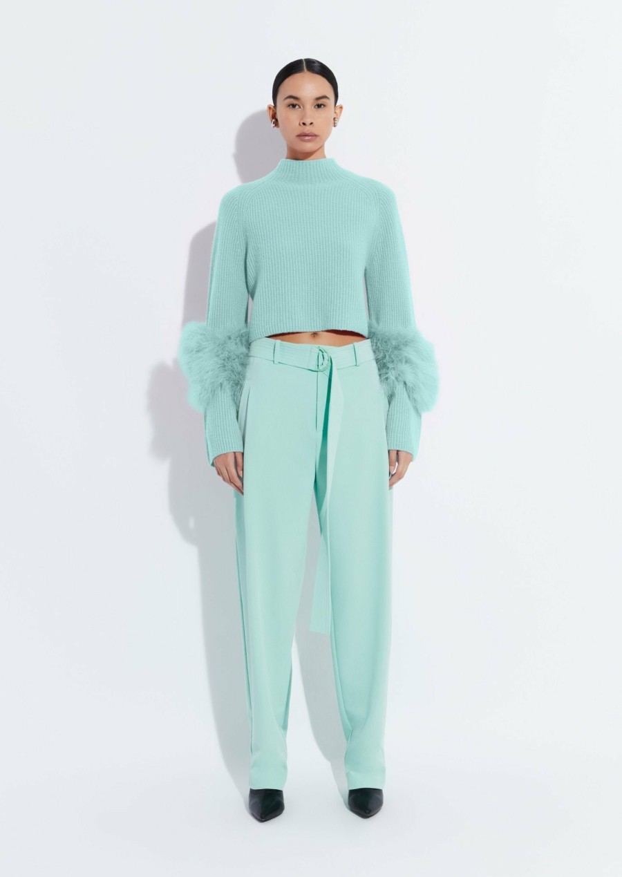 Knitwear|Feathers|Tops LAPOINTE | Cashmere Silk Cropped Raglan Sweater With Marabou Feathers Seafoam