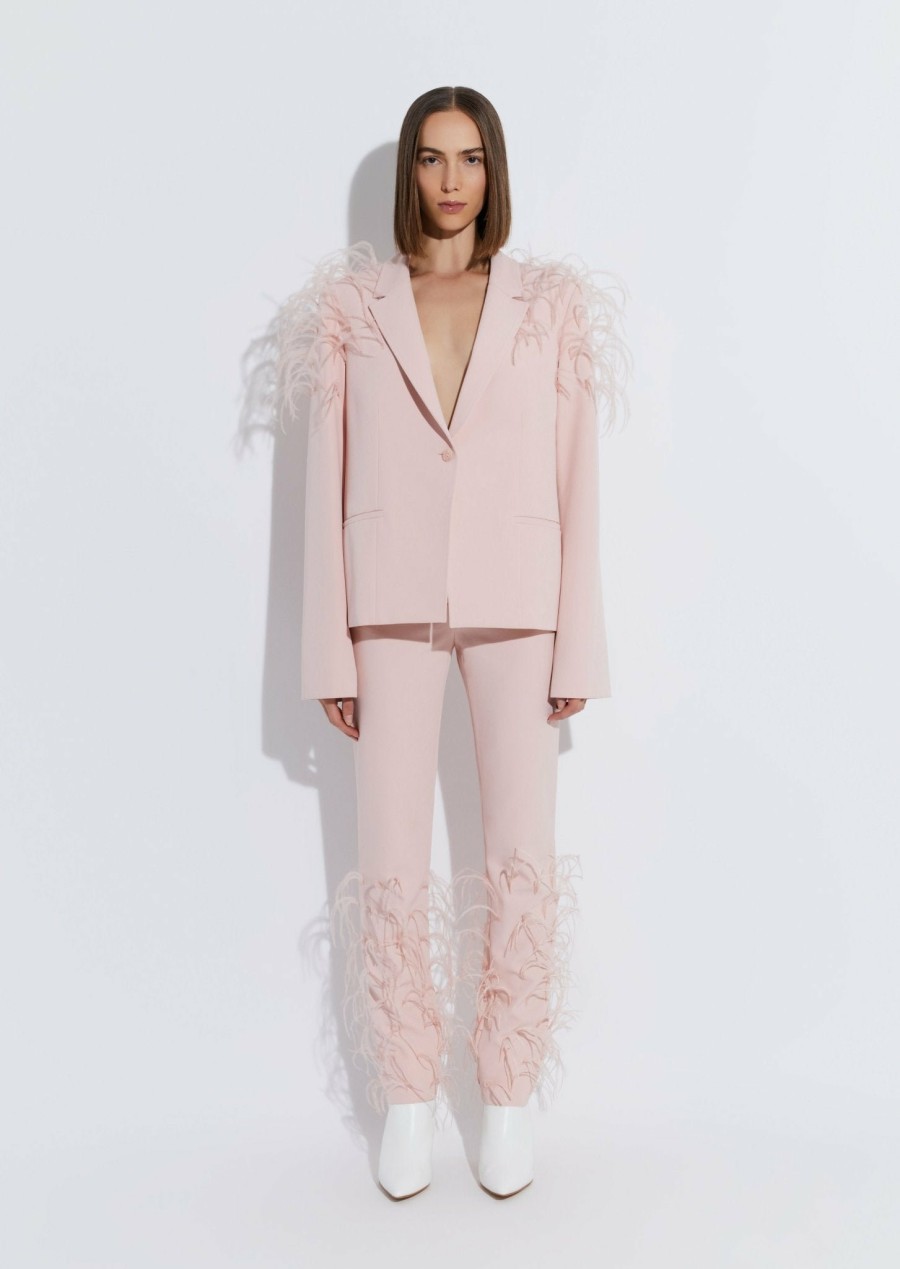 Feathers|Bottoms LAPOINTE | Matte Crepe Slim Trouser With Feather Embroidery Light Pink