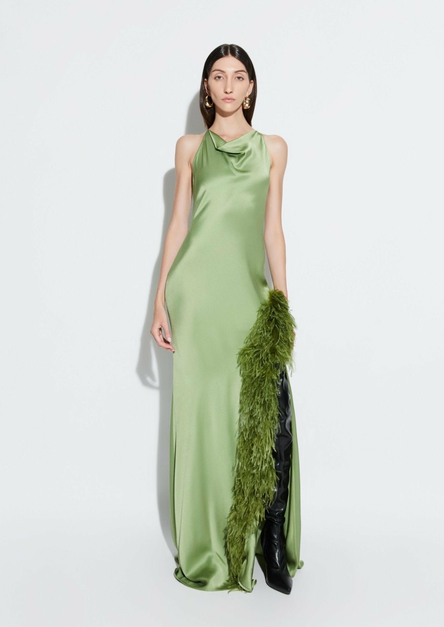 Feathers|Dresses LAPOINTE | Satin Halter Gown With Feathers Olive