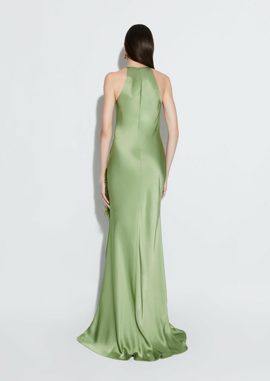 Feathers|Dresses LAPOINTE | Satin Halter Gown With Feathers Olive