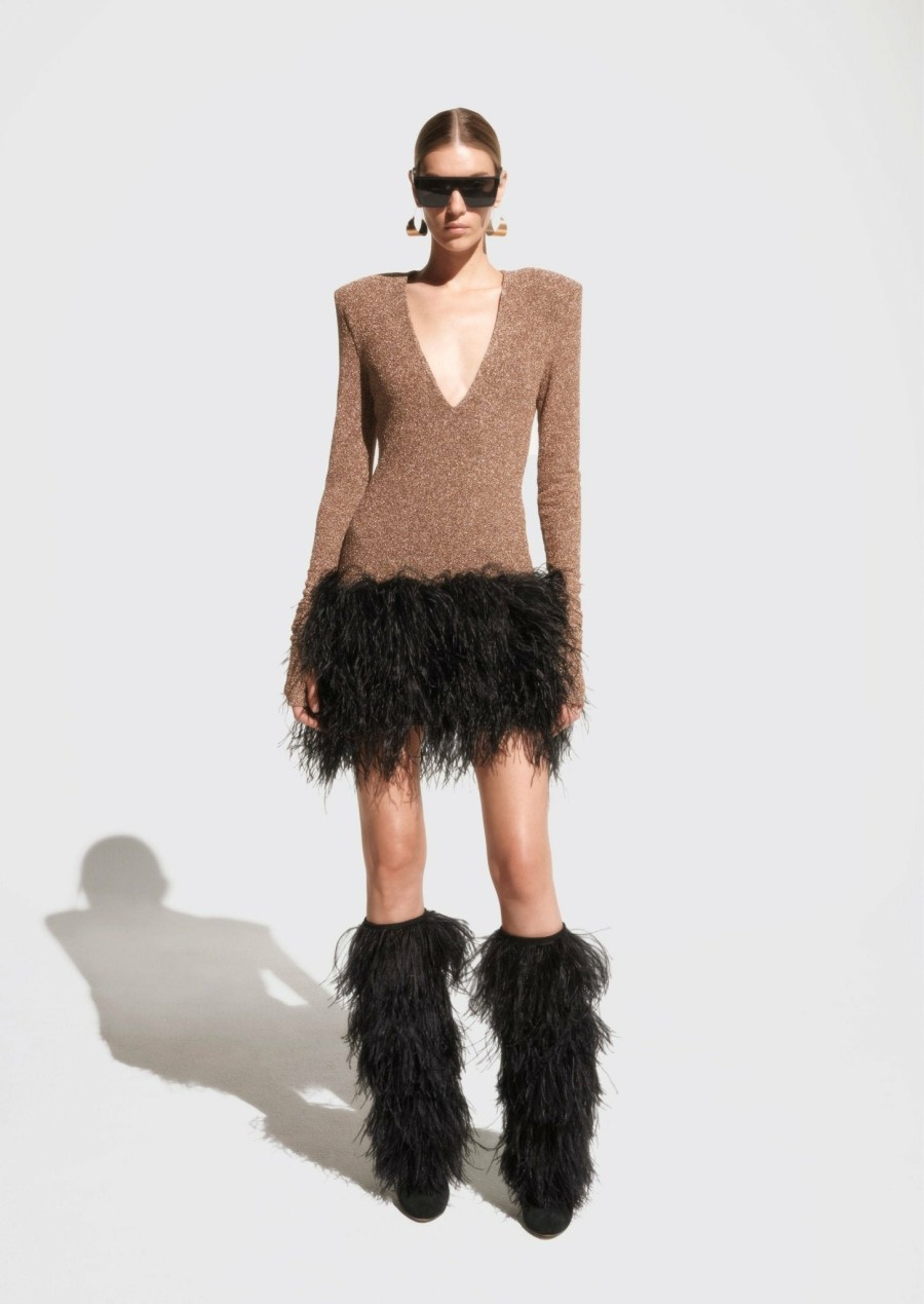 Feathers|Dresses LAPOINTE | Metallic Jersey Deep V Dress With Feathers Pale Gold