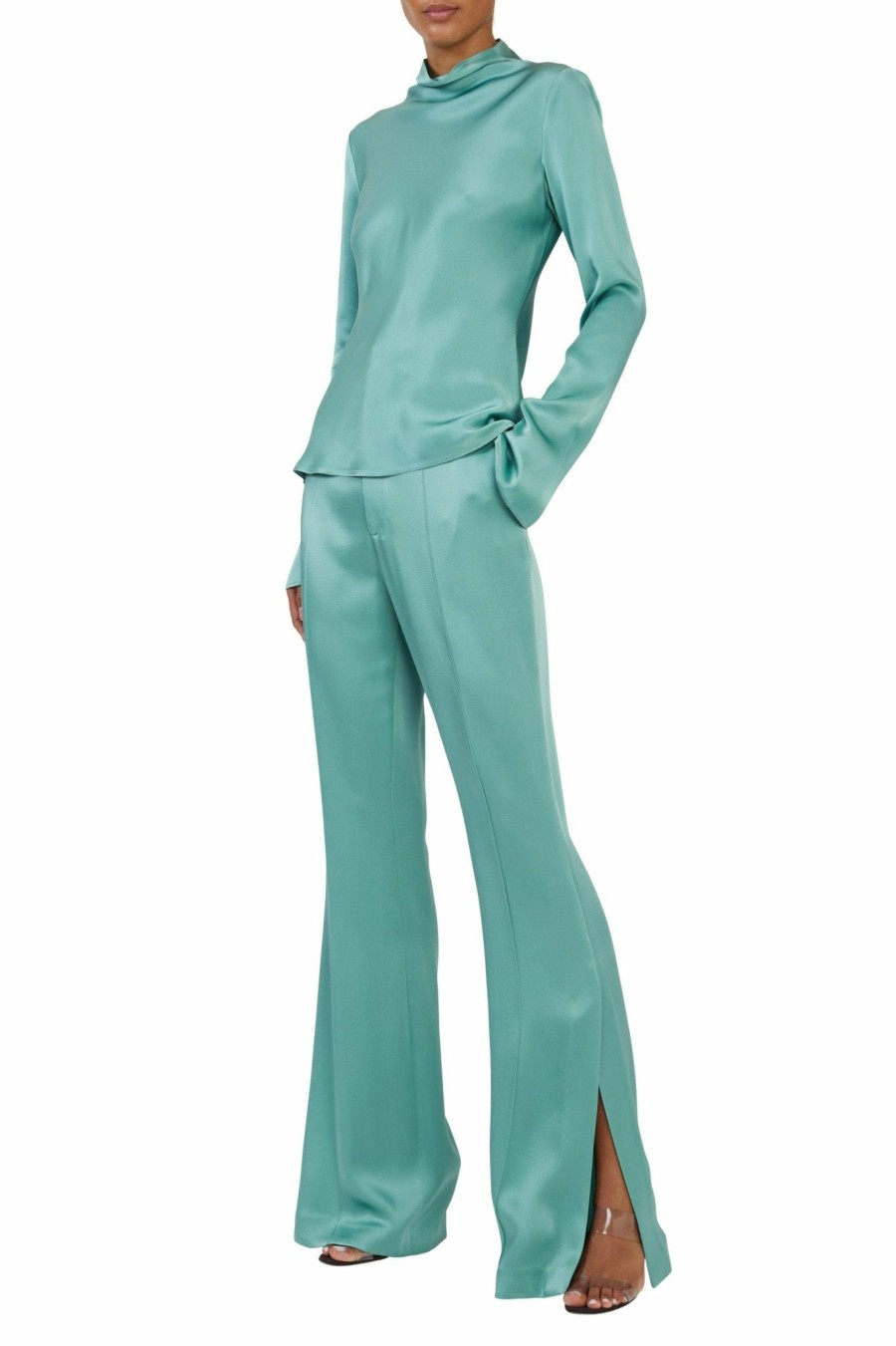 Bottoms LAPOINTE | Satin High Waisted Flared Pant Sea Green