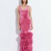 Knitwear|Feathers|Dresses LAPOINTE | Velvet Scoop Neck Dress With Feathers Rouge