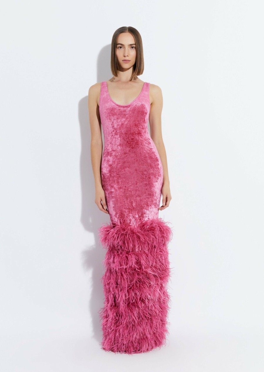 Knitwear|Feathers|Dresses LAPOINTE | Velvet Scoop Neck Dress With Feathers Rouge