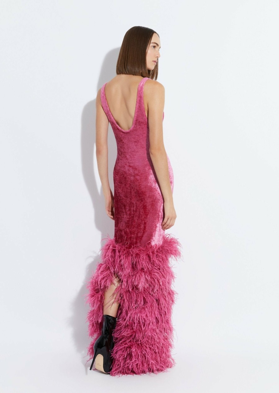 Knitwear|Feathers|Dresses LAPOINTE | Velvet Scoop Neck Dress With Feathers Rouge